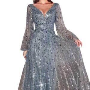 Elegant Silver-Sequin Maxi Dress with Long Sleeves
